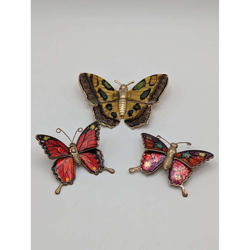 Vtg Enamel Butterfly Brooch Pin Lot of 3, Includes Interpur Gold Tone Foil